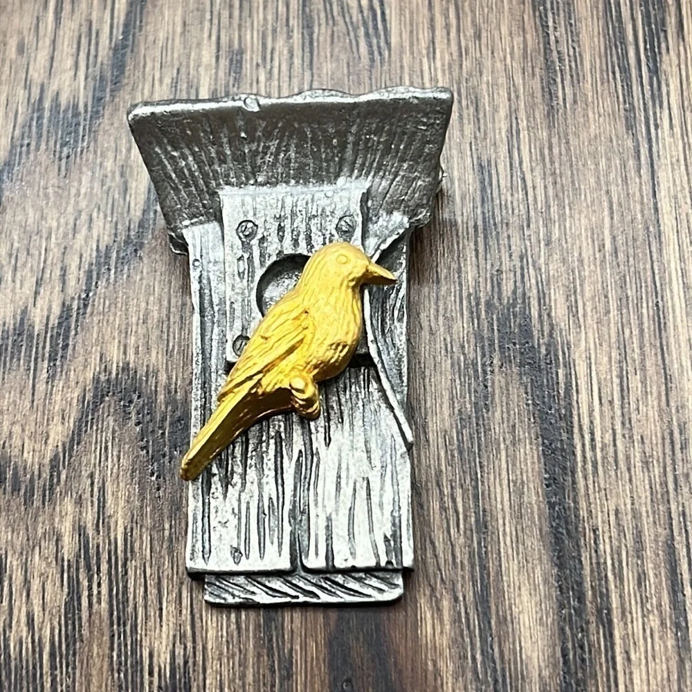Pewter Birdhouse with Gold Bird  1999 Hallmark, M. Bastin  Bird Collectors Pin